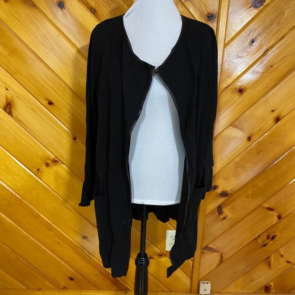 Ann Taylor Petite Black NWT Open Cardigan Sweater Faux Leather Trim Pockets L - Picture 6 of 8